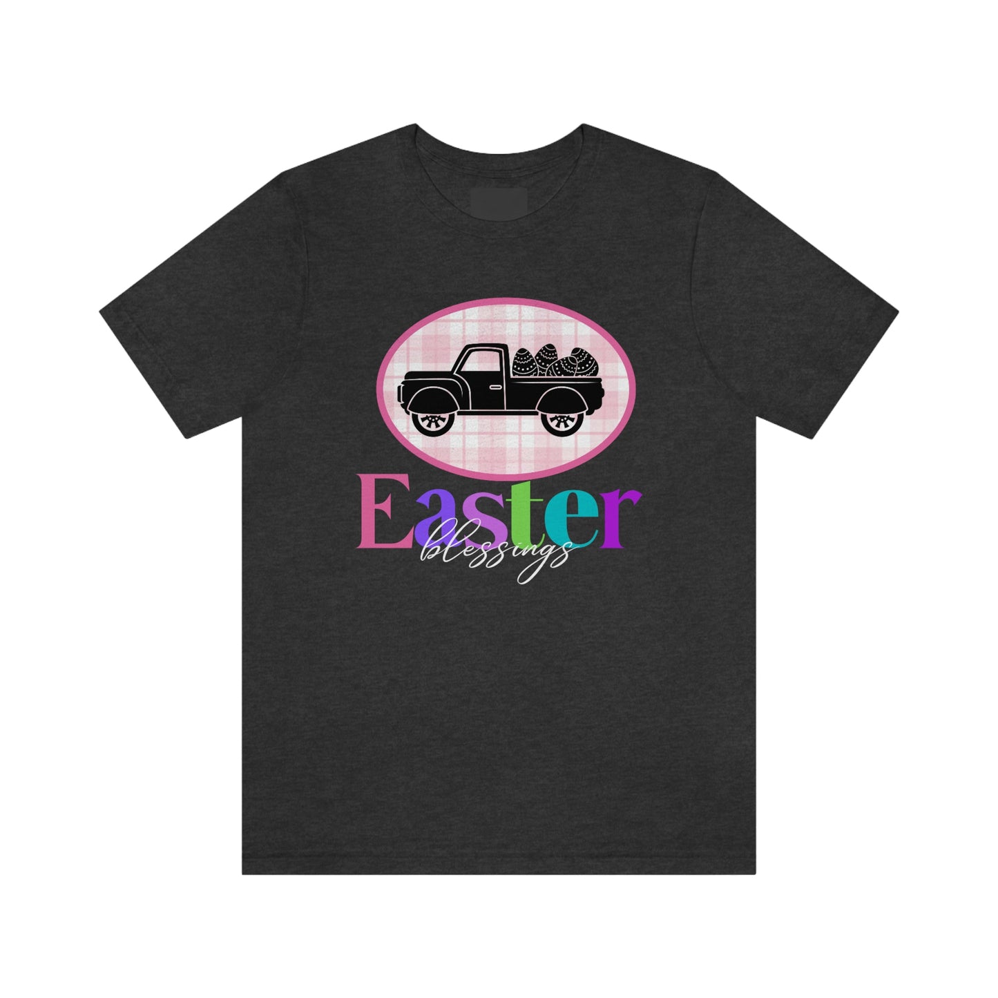 Easter Blessings Pickup Truck with Decorated Eggs Gingham Unisex Jersey Short Sleeve Tee Small-3XL