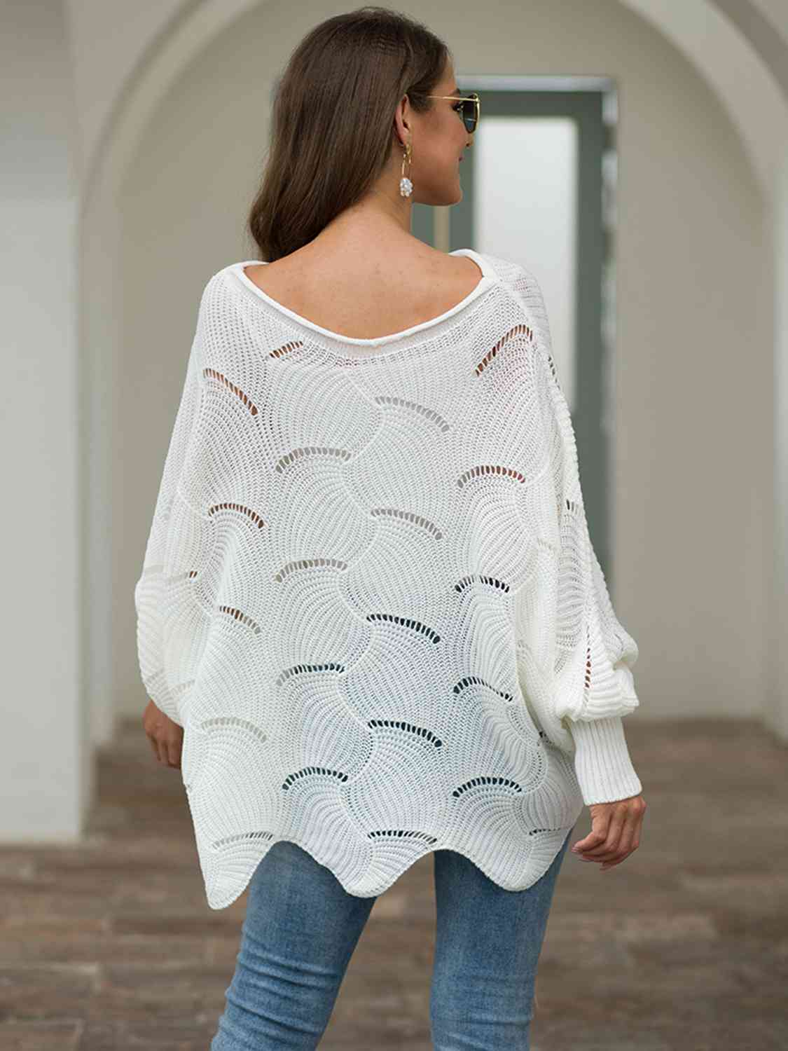 Trudy Boat Neck Lantern Sleeve Openwork Knit Top