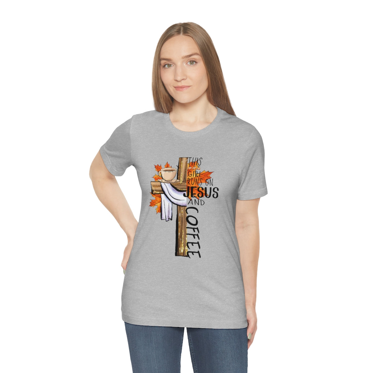 This Girl Runs on Jesus and Coffee Fall Unisex Jersey Short Sleeve Tee S-3XL