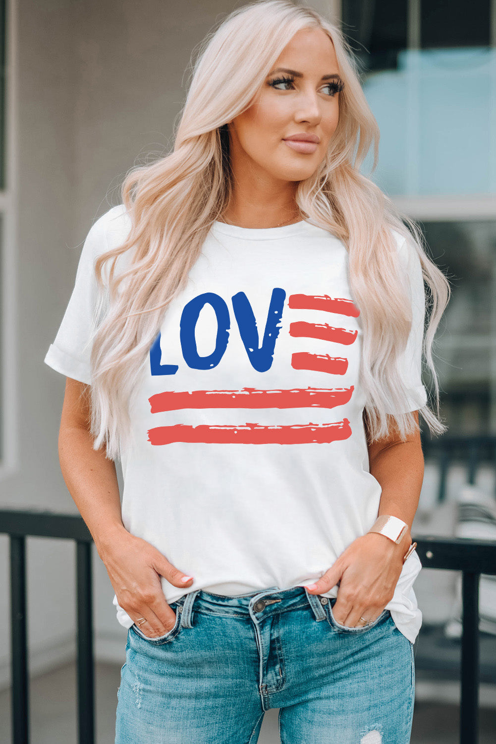 LOVE US Flag Graphic Round Neck Short Sleeve Tee S-2XL