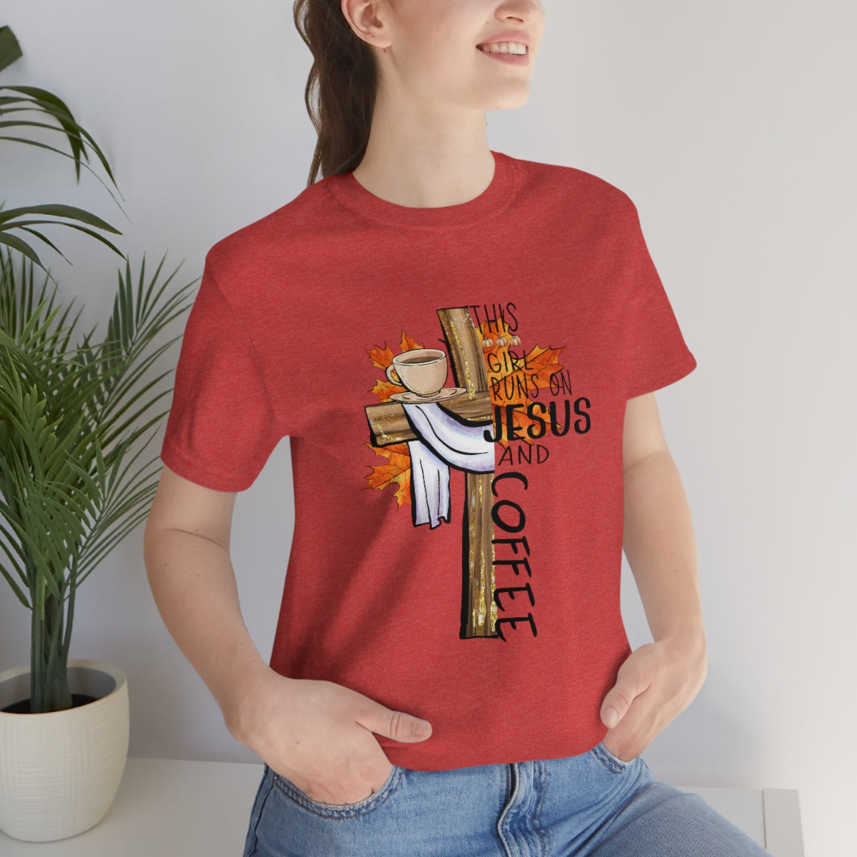 This Girl Runs on Jesus and Coffee Fall Unisex Jersey Short Sleeve Tee S-3XL