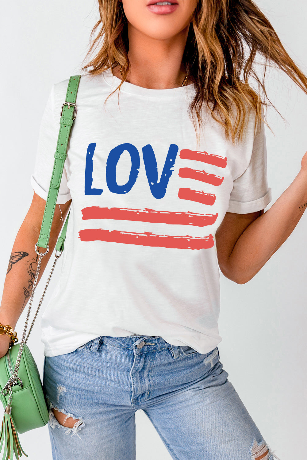 LOVE US Flag Graphic Round Neck Short Sleeve Tee S-2XL
