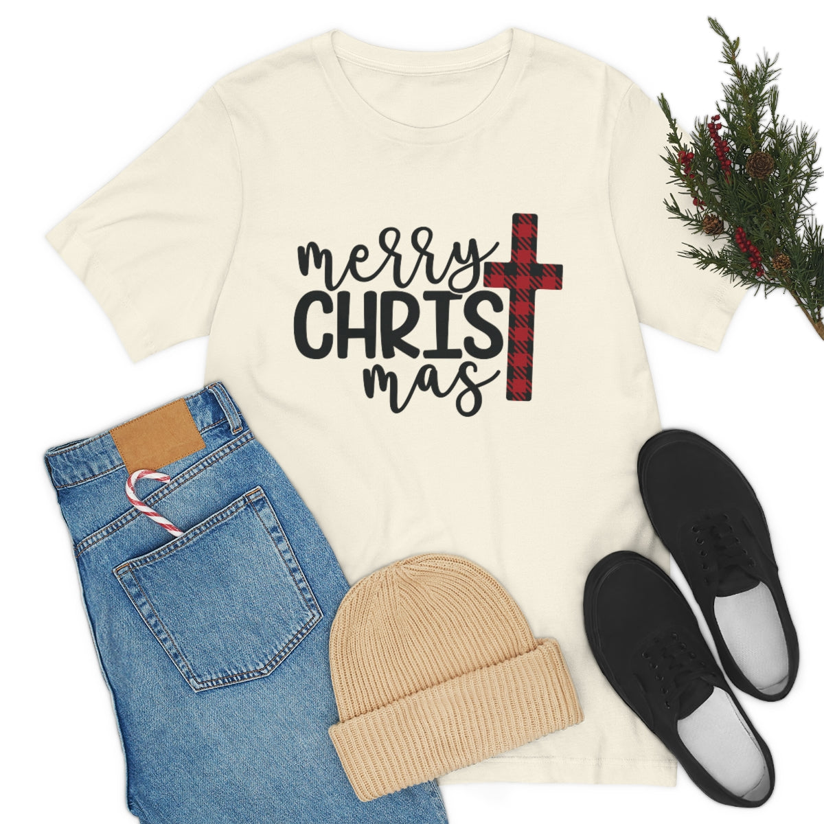 Merry Christmas with Buffalo Plaid Cross Short Sleeve Tee S-3XL