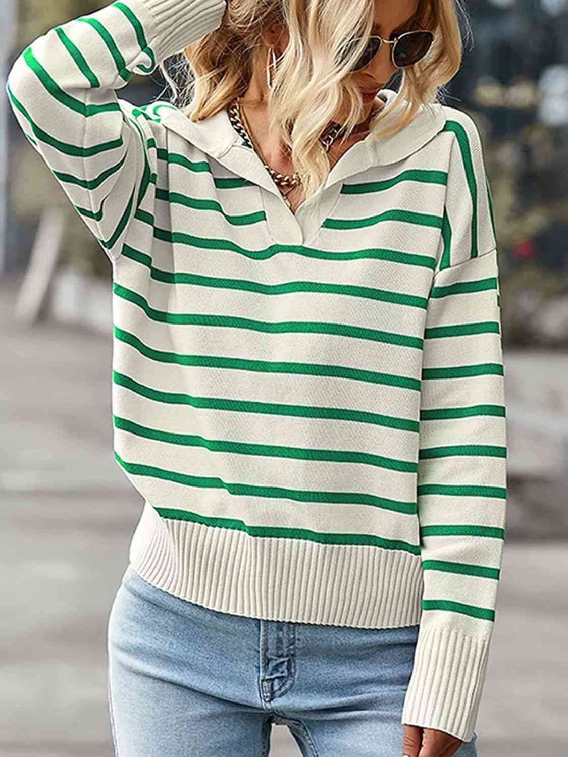 Ivy League Striped Collared Neck Knit Top