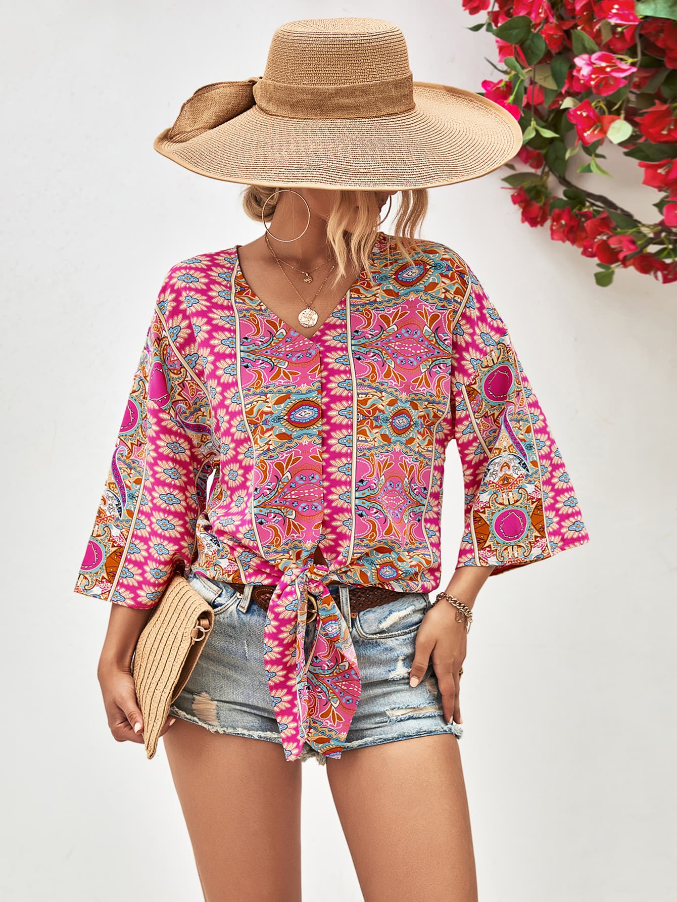 Hazel Tie Hem V-Neck Three-Quarter Bell Sleeve Blouse S-XL