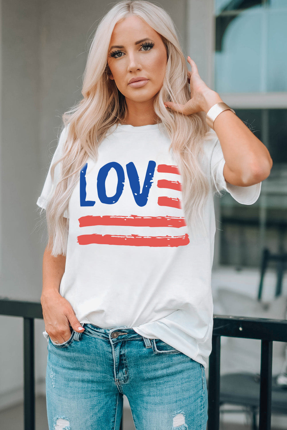 LOVE US Flag Graphic Round Neck Short Sleeve Tee S-2XL