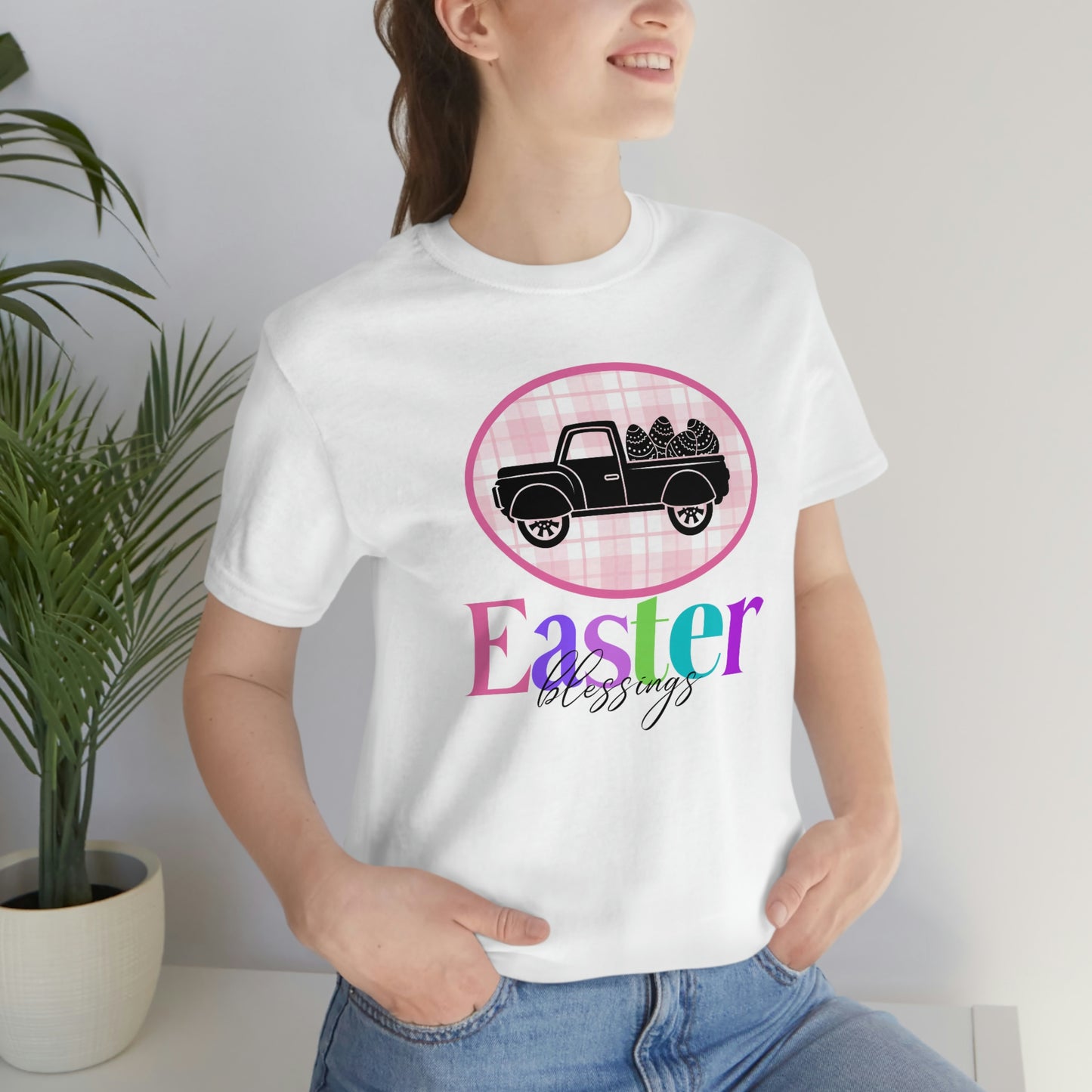 Easter Blessings Pickup Truck with Decorated Eggs Gingham Unisex Jersey Short Sleeve Tee Small-3XL