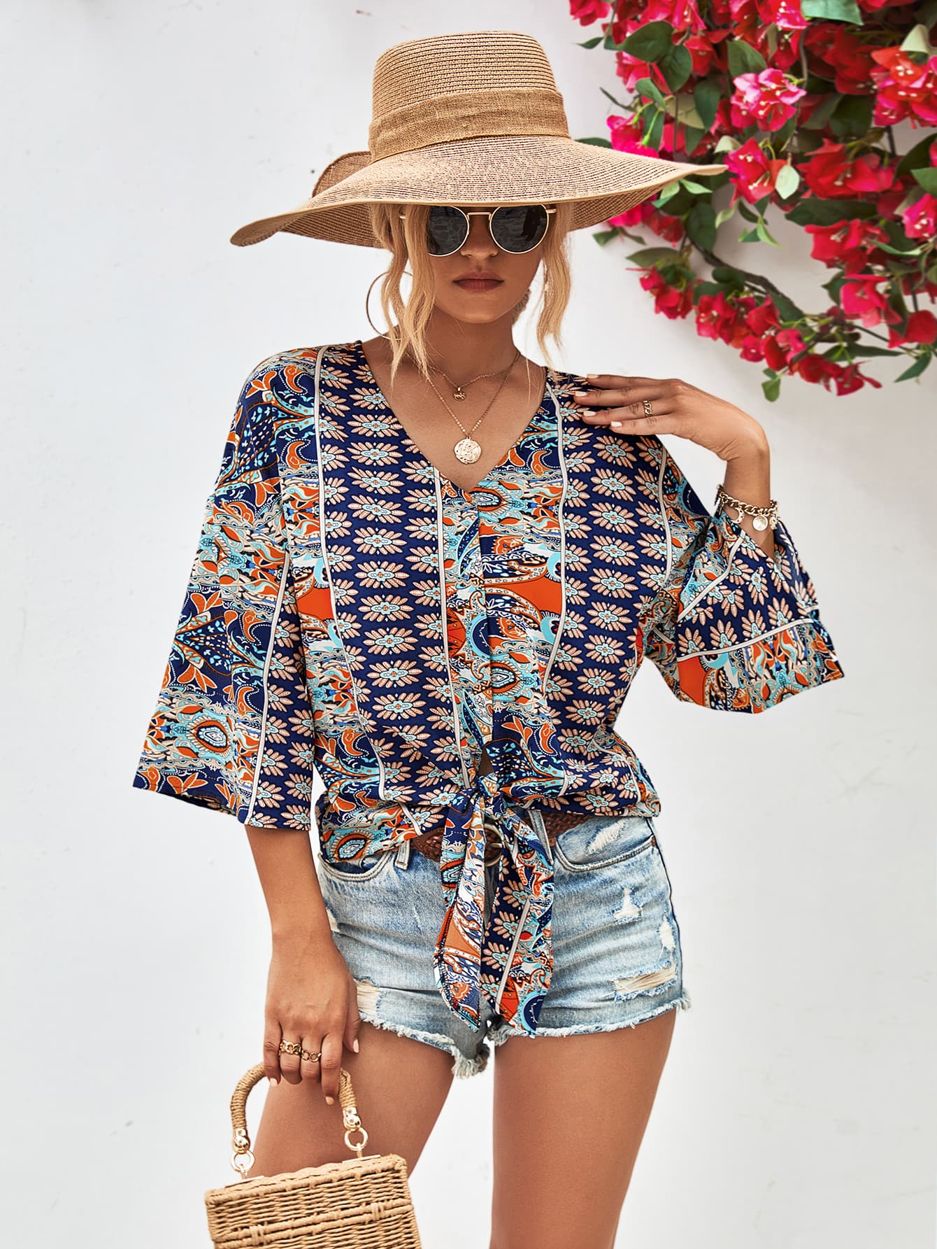 Hazel Tie Hem V-Neck Three-Quarter Bell Sleeve Blouse S-XL