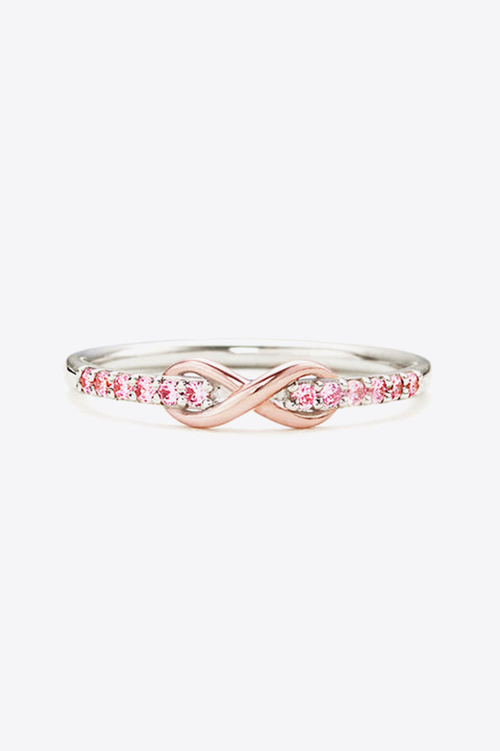 Infinity Pink Zircon Crisscross Two Tone Sterling Silver and Rose Gold Ring