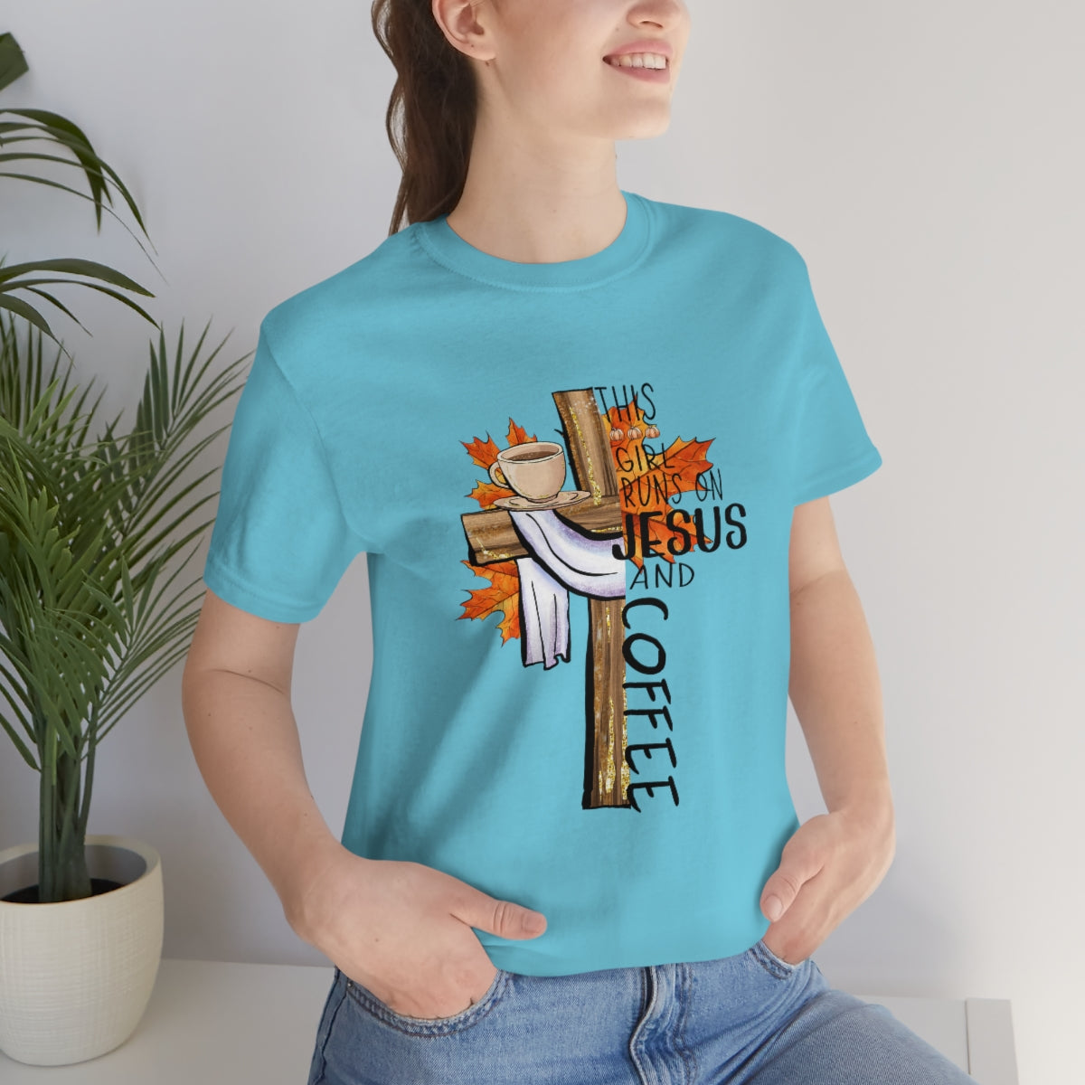 This Girl Runs on Jesus and Coffee Fall Unisex Jersey Short Sleeve Tee S-3XL