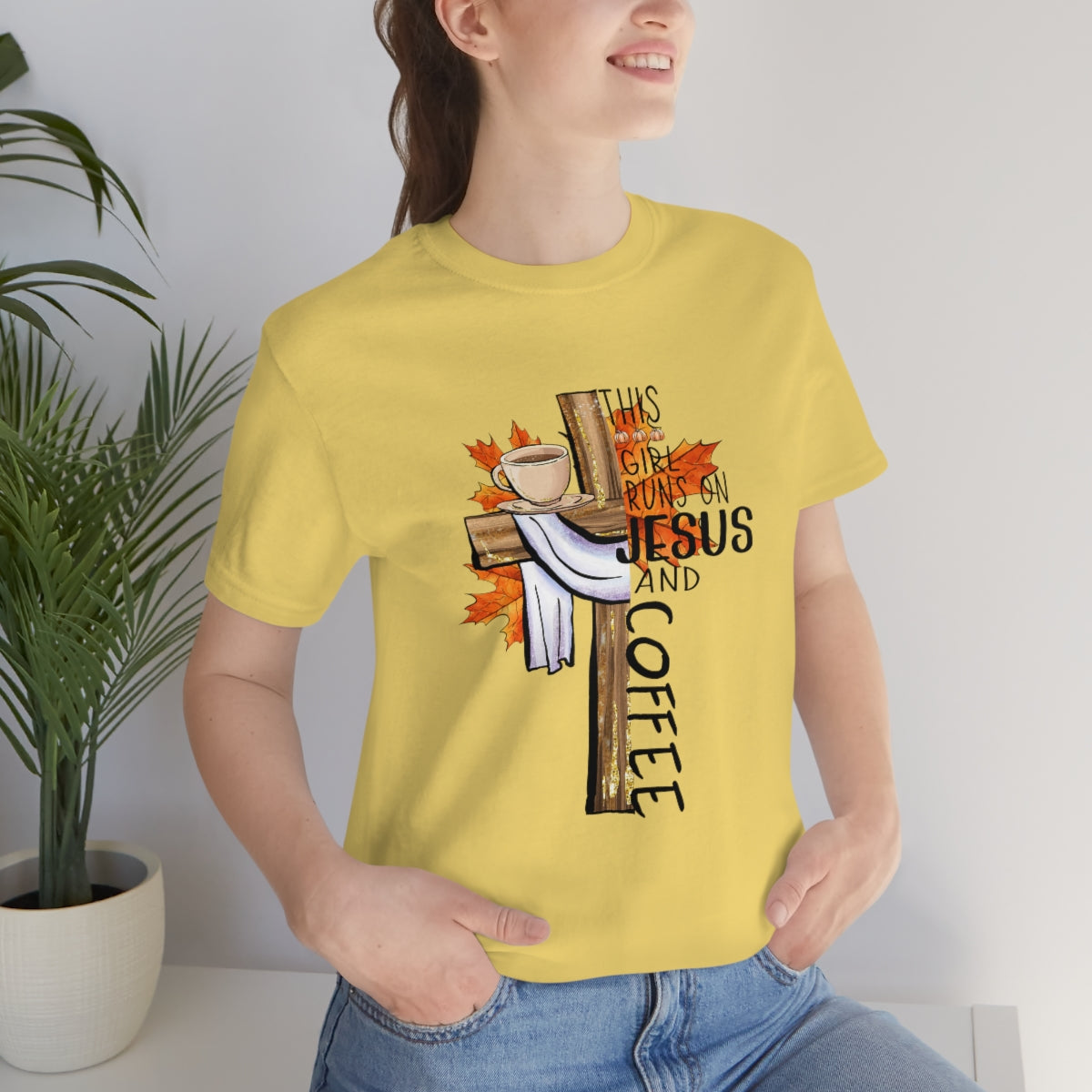 This Girl Runs on Jesus and Coffee Fall Unisex Jersey Short Sleeve Tee S-3XL