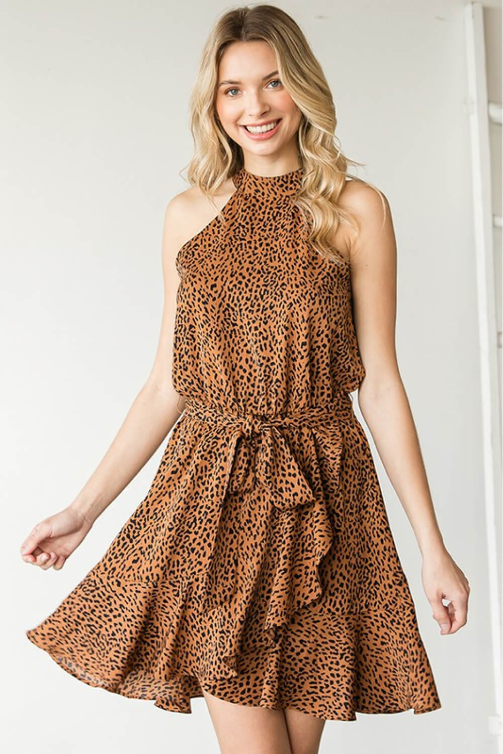 Leila Leopard Belted Sleeveless Halter Mini Dress Small-3X