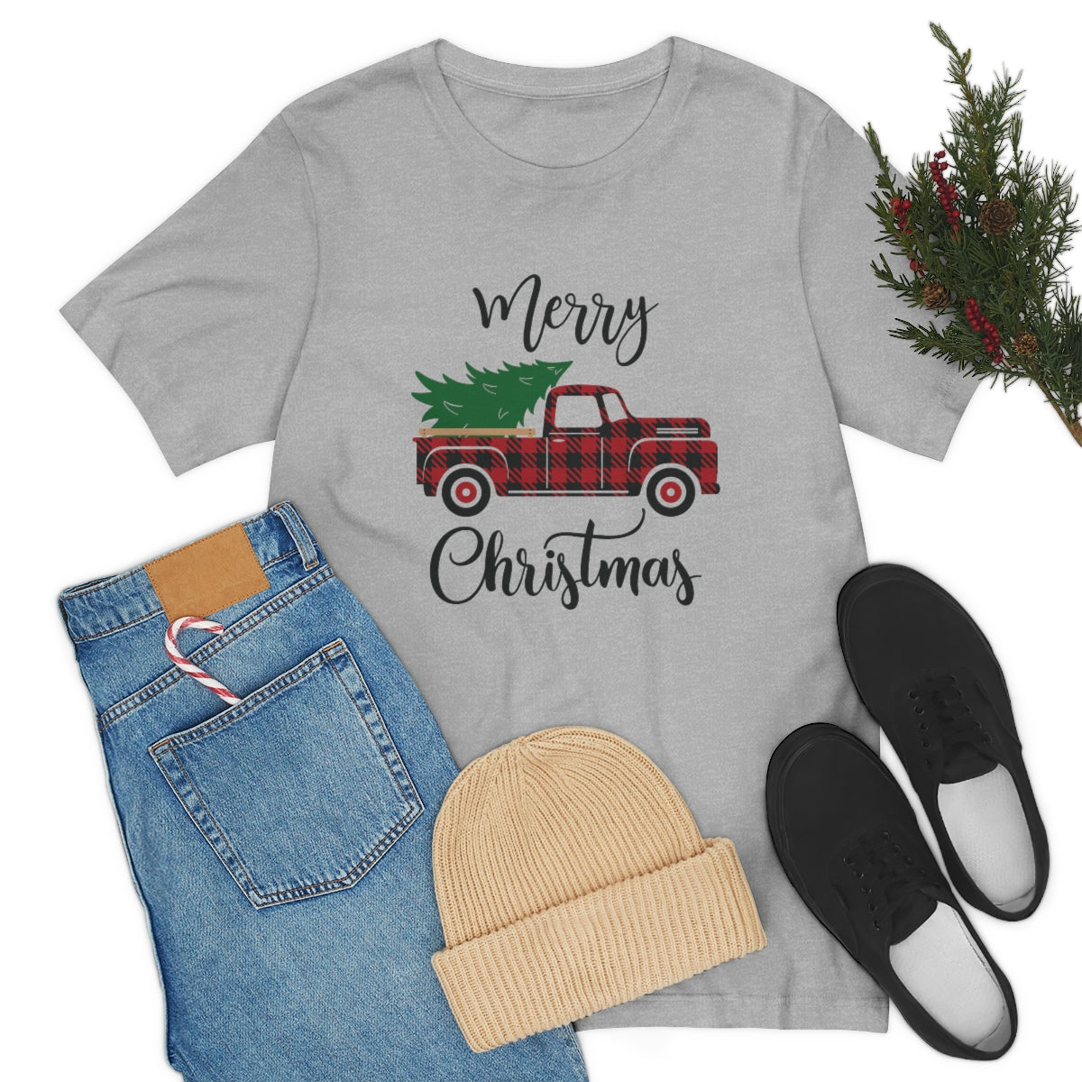 Merry Christmas Red Pickup with Tree Unisex Jersey Short Sleeve Tee S-3XL