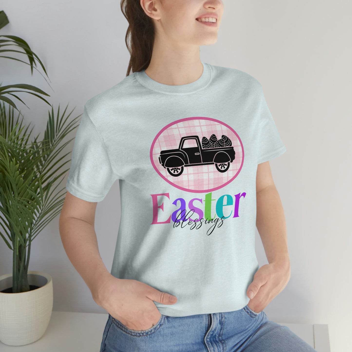 Easter Blessings Pickup Truck with Decorated Eggs Gingham Unisex Jersey Short Sleeve Tee Small-3XL
