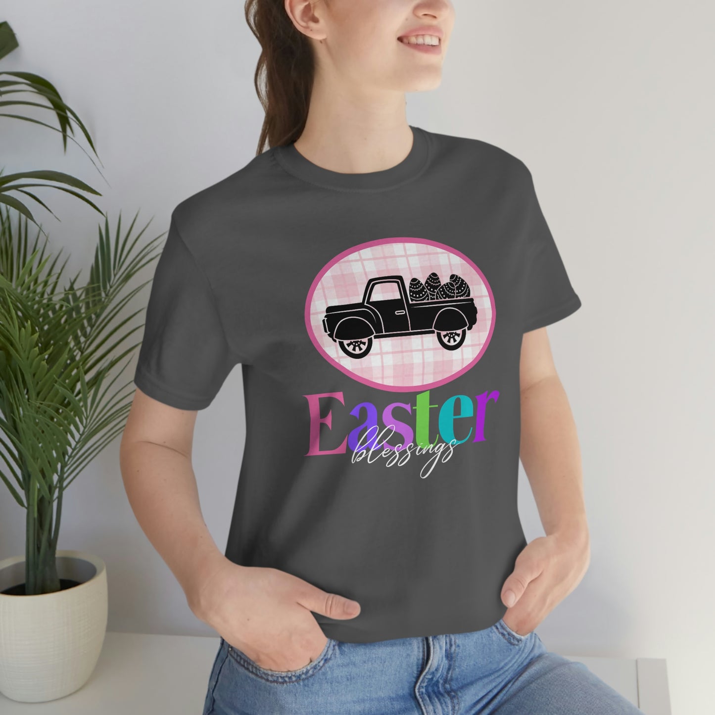 Easter Blessings Pickup Truck with Decorated Eggs Gingham Unisex Jersey Short Sleeve Tee Small-3XL