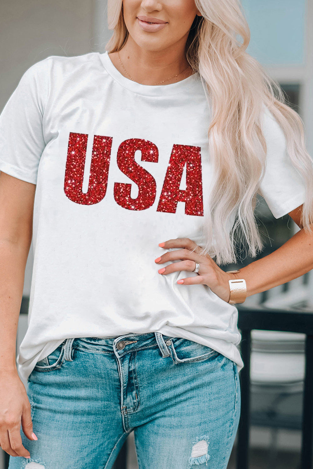 Red USA Graphic Round Neck Tee S-2XL