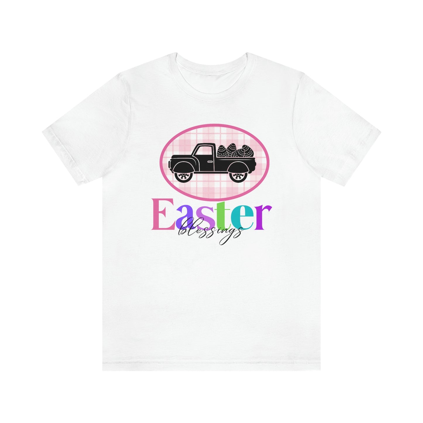 Easter Blessings Pickup Truck with Decorated Eggs Gingham Unisex Jersey Short Sleeve Tee Small-3XL
