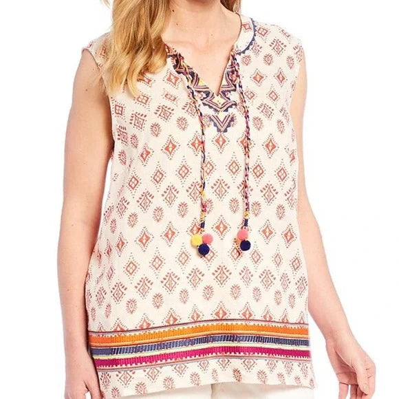 CHELSEA & THEODORE Pom Tassel Embroidered Top Plus 2X-3X