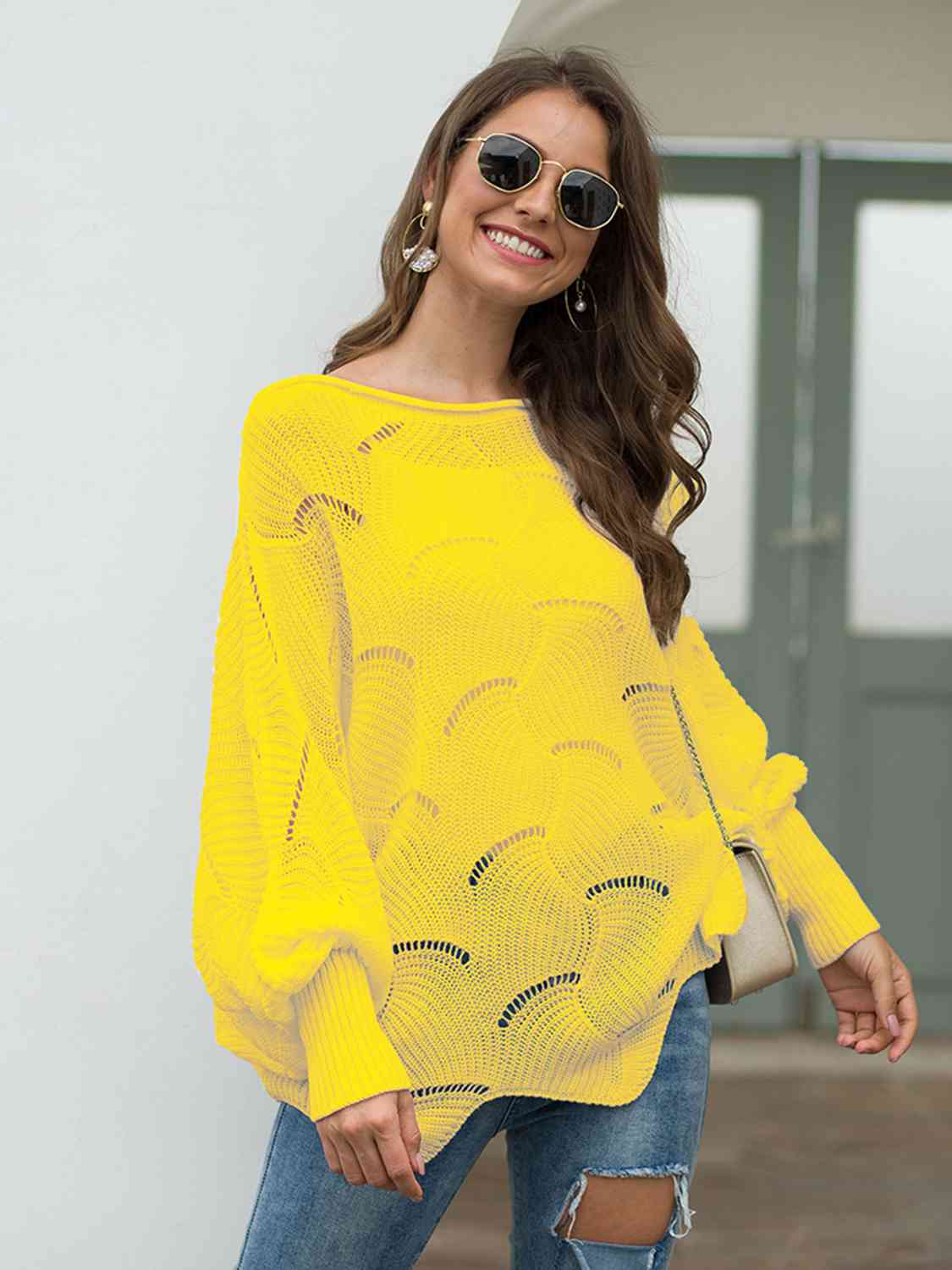 Trudy Boat Neck Lantern Sleeve Openwork Knit Top