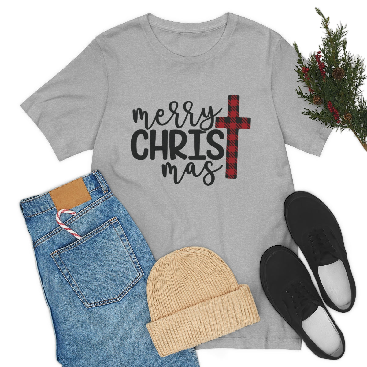 Merry Christmas with Buffalo Plaid Cross Short Sleeve Tee S-3XL