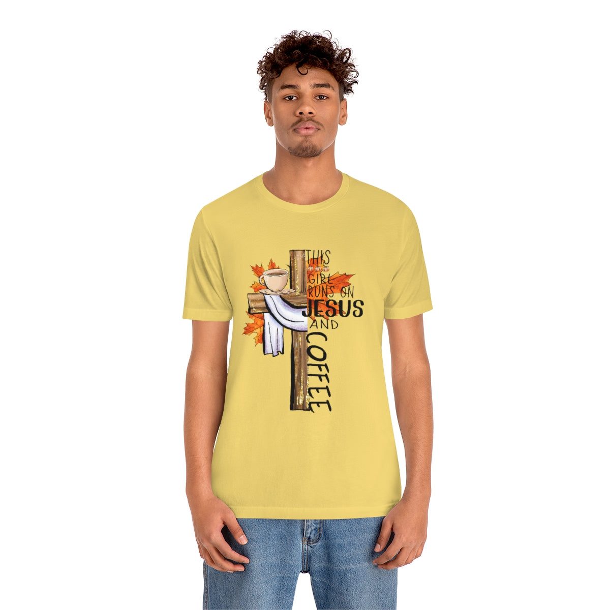 This Girl Runs on Jesus and Coffee Fall Unisex Jersey Short Sleeve Tee S-3XL