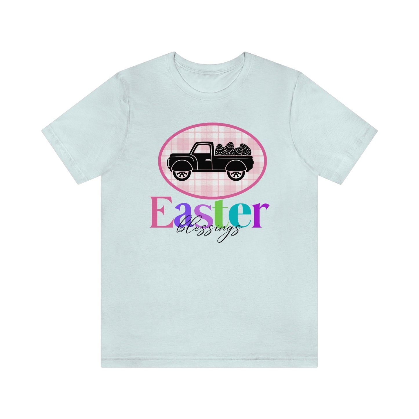 Easter Blessings Pickup Truck with Decorated Eggs Gingham Unisex Jersey Short Sleeve Tee Small-3XL