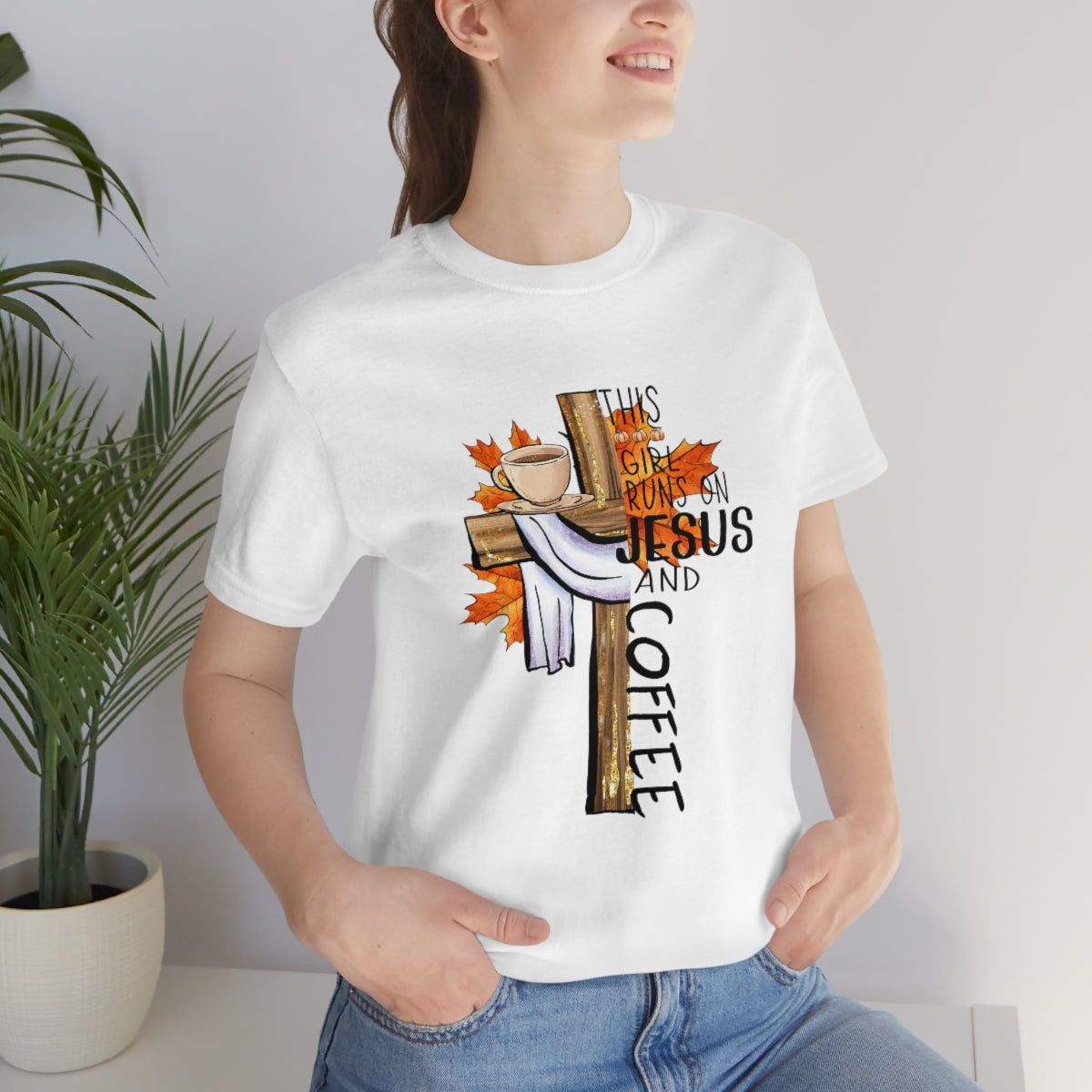 This Girl Runs on Jesus and Coffee Fall Unisex Jersey Short Sleeve Tee S-3XL