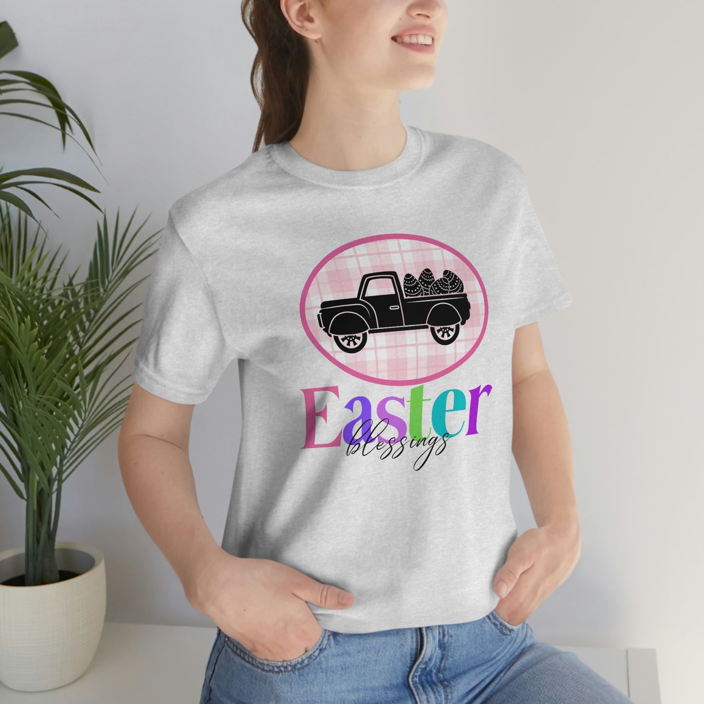 Easter Blessings Pickup Truck with Decorated Eggs Gingham Unisex Jersey Short Sleeve Tee Small-3XL