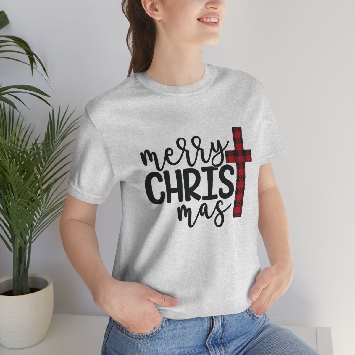 Merry Christmas with Buffalo Plaid Cross Short Sleeve Tee S-3XL
