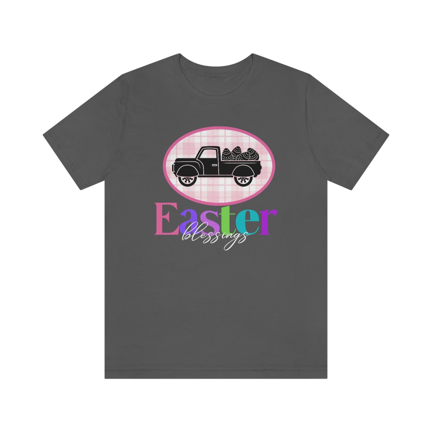Easter Blessings Pickup Truck with Decorated Eggs Gingham Unisex Jersey Short Sleeve Tee Small-3XL
