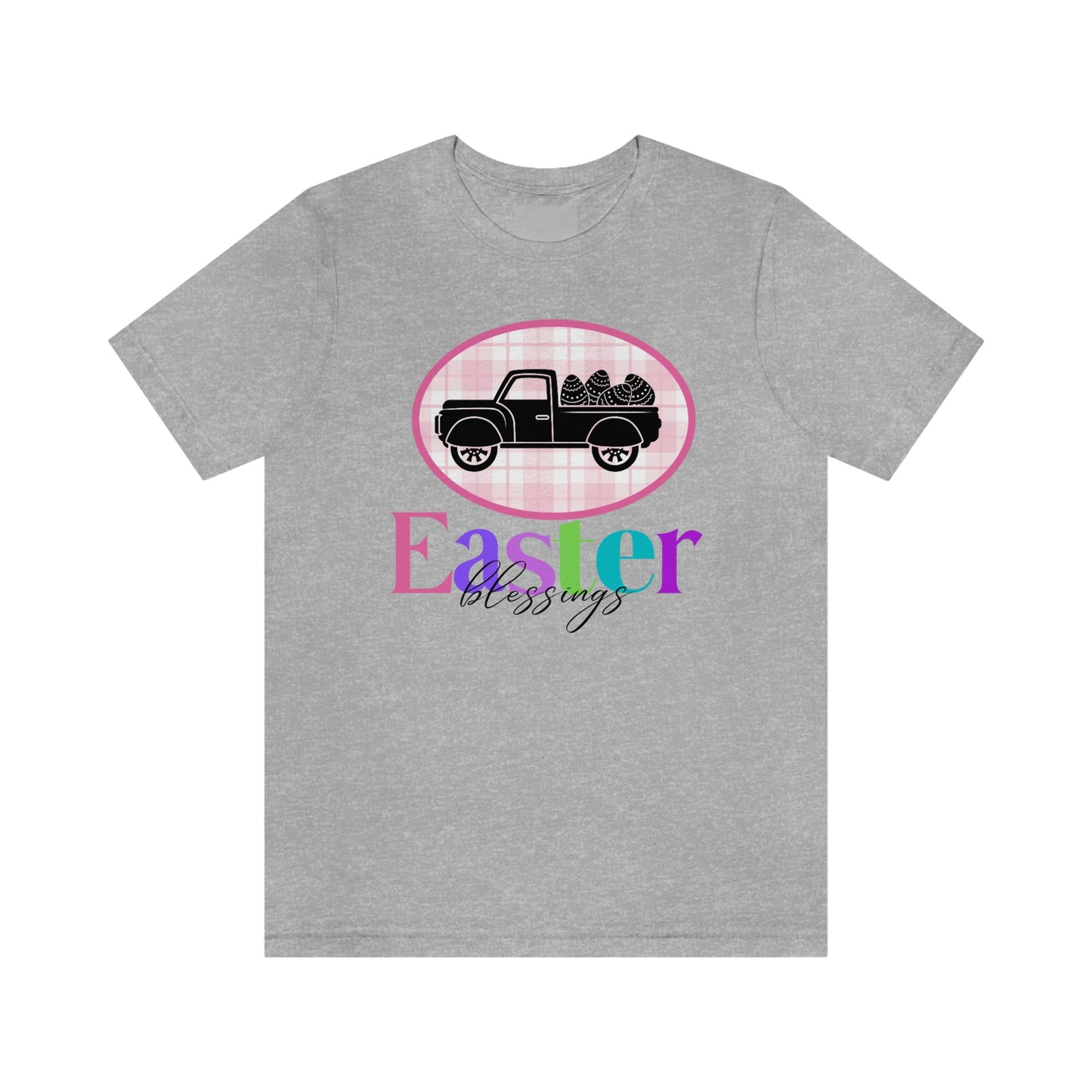 Easter Blessings Pickup Truck with Decorated Eggs Gingham Unisex Jersey Short Sleeve Tee Small-3XL