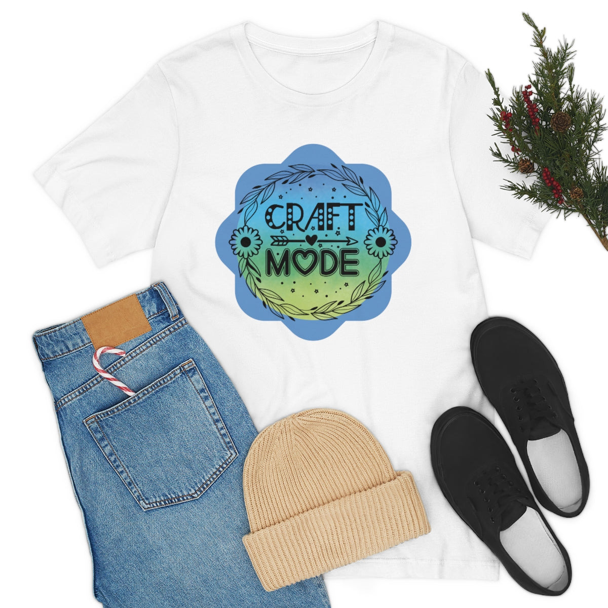 Craft Mode Blue Doodle Flower Unisex Jersey Short Sleeve Tee S-3XL