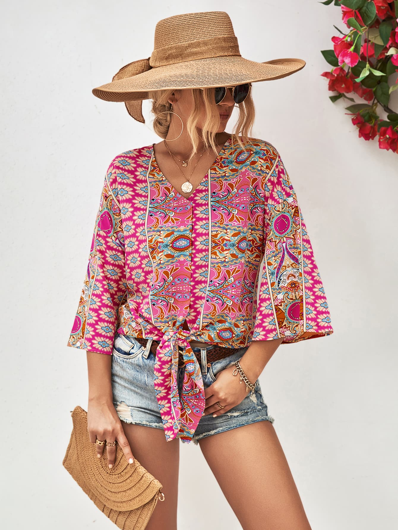 Hazel Tie Hem V-Neck Three-Quarter Bell Sleeve Blouse S-XL