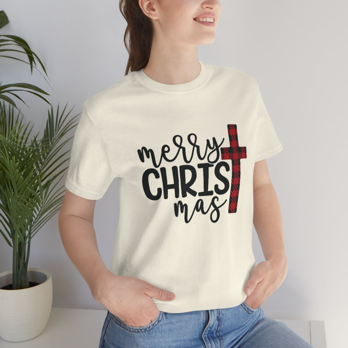 Merry Christmas with Buffalo Plaid Cross Short Sleeve Tee S-3XL