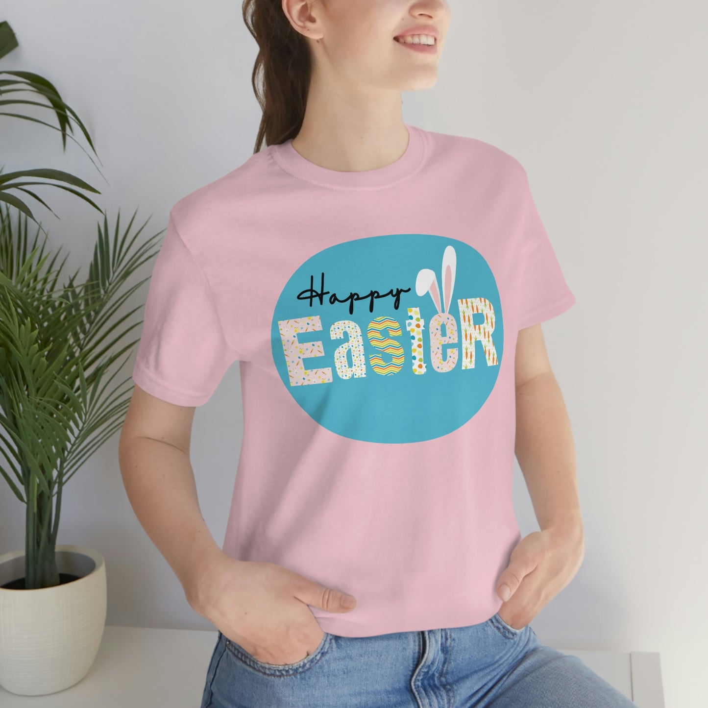 Happy Easter Decorated Letters with Bunny Ears Spring Unisex Jersey Short Sleeve Tee Small-3XL