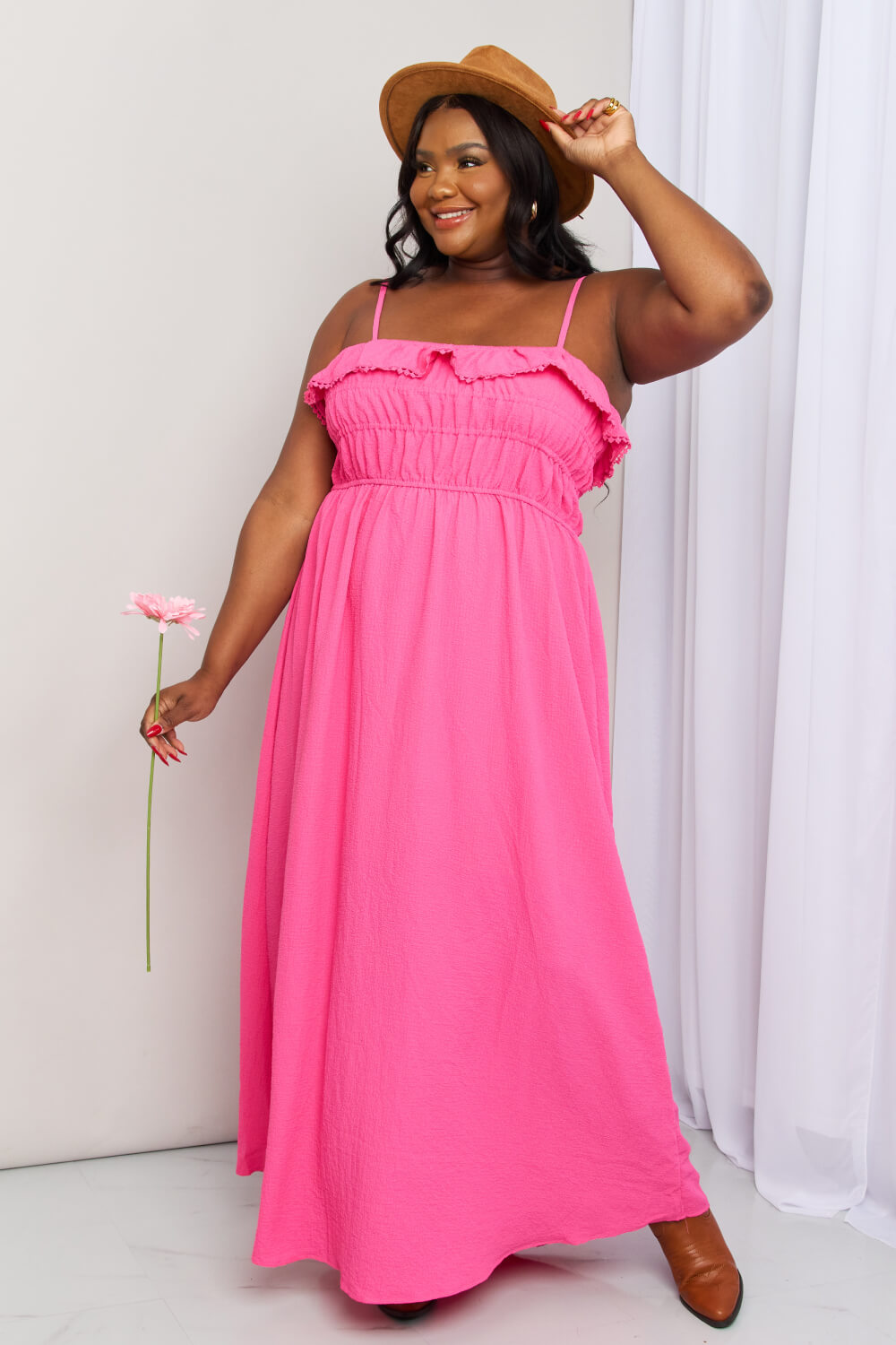 What In Carnation Full Size Shirred Sleeveless Dress Small-3X