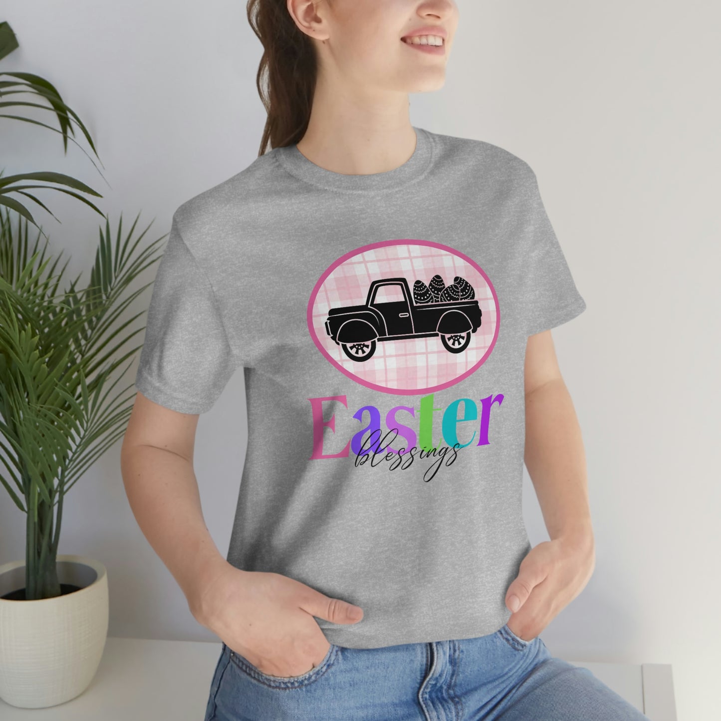 Easter Blessings Pickup Truck with Decorated Eggs Gingham Unisex Jersey Short Sleeve Tee Small-3XL