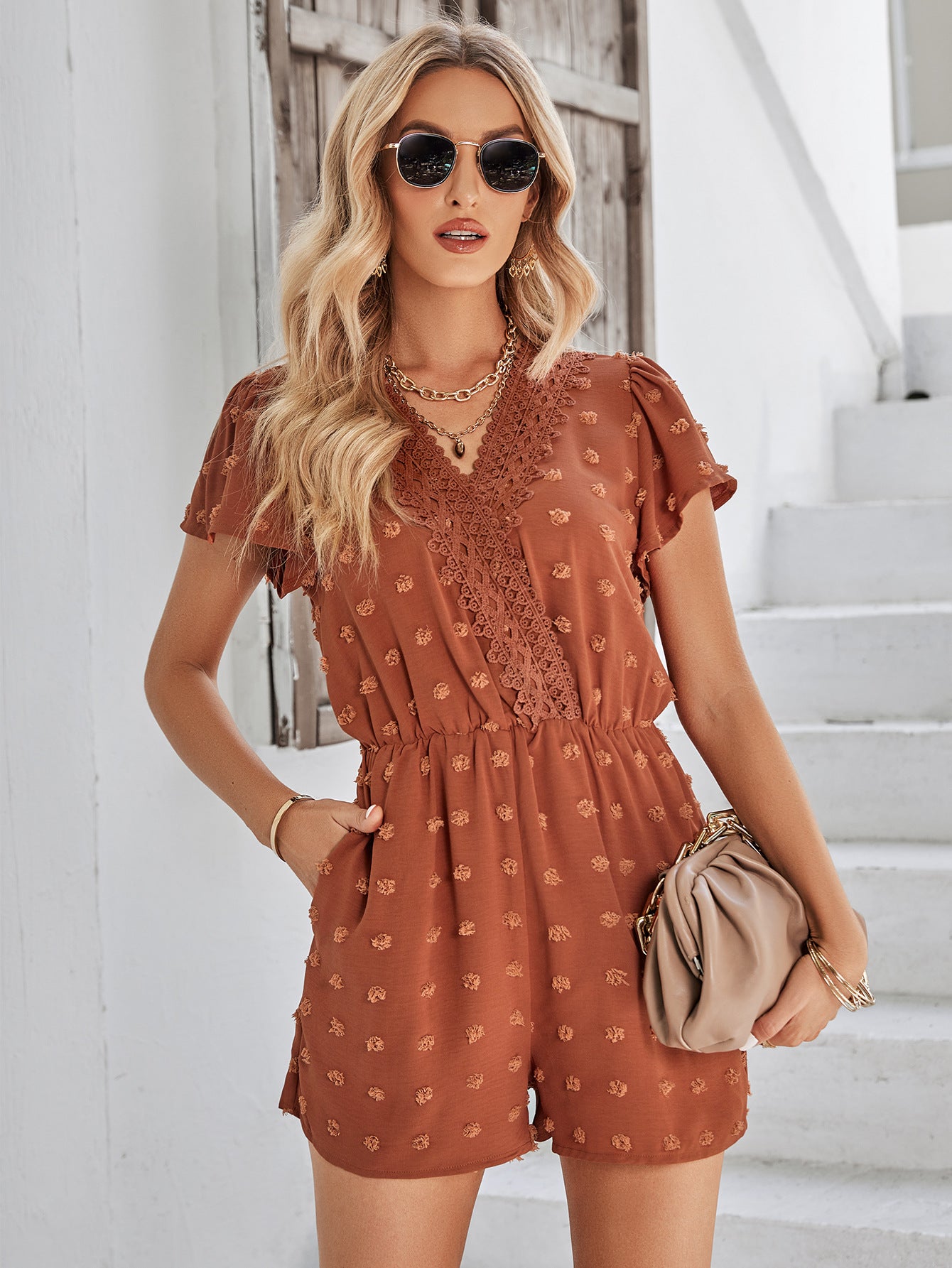 Swiss Dot Lace Trim Flutter Sleeve Romper with Pockets Small-XL