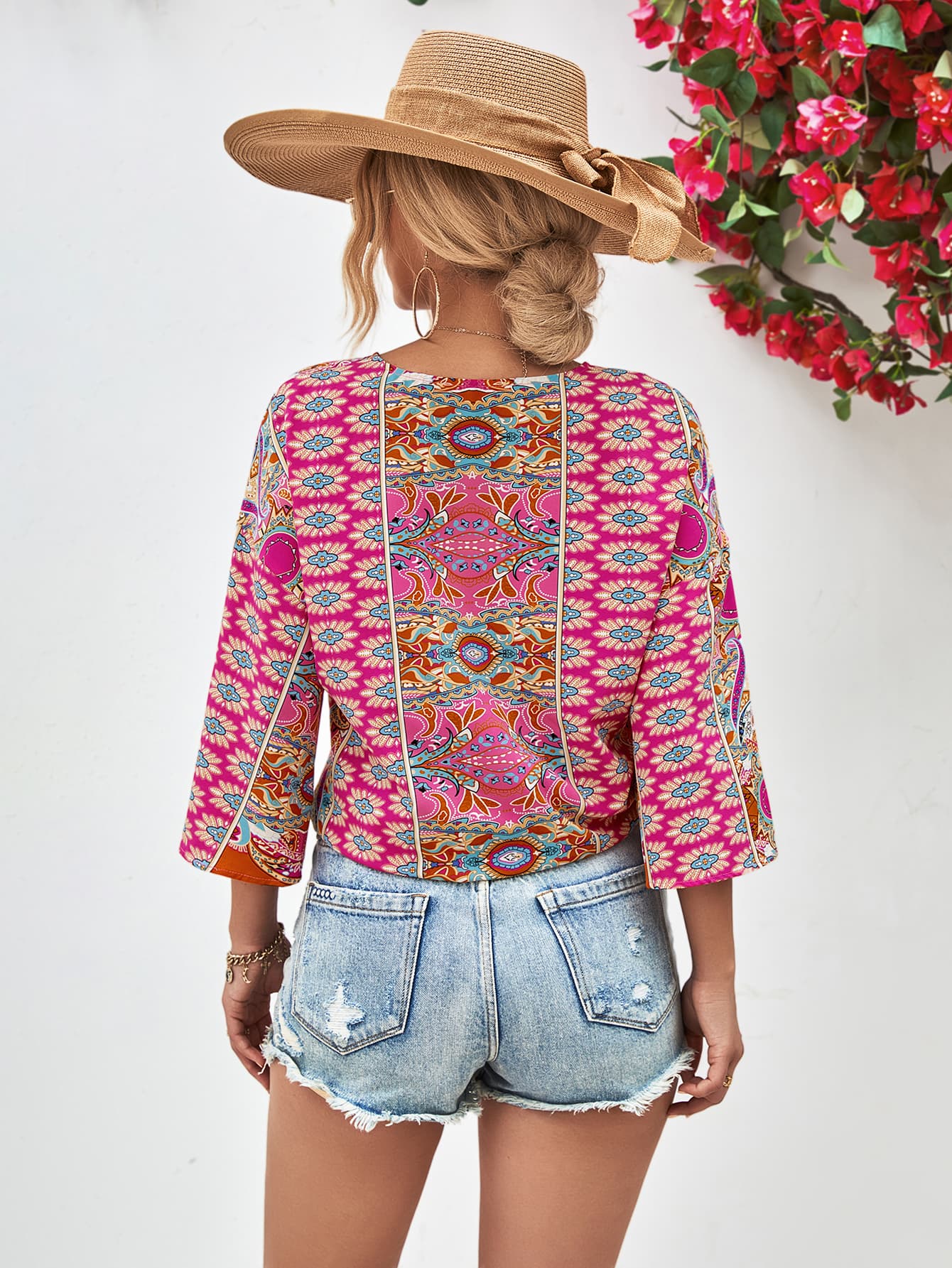Hazel Tie Hem V-Neck Three-Quarter Bell Sleeve Blouse S-XL