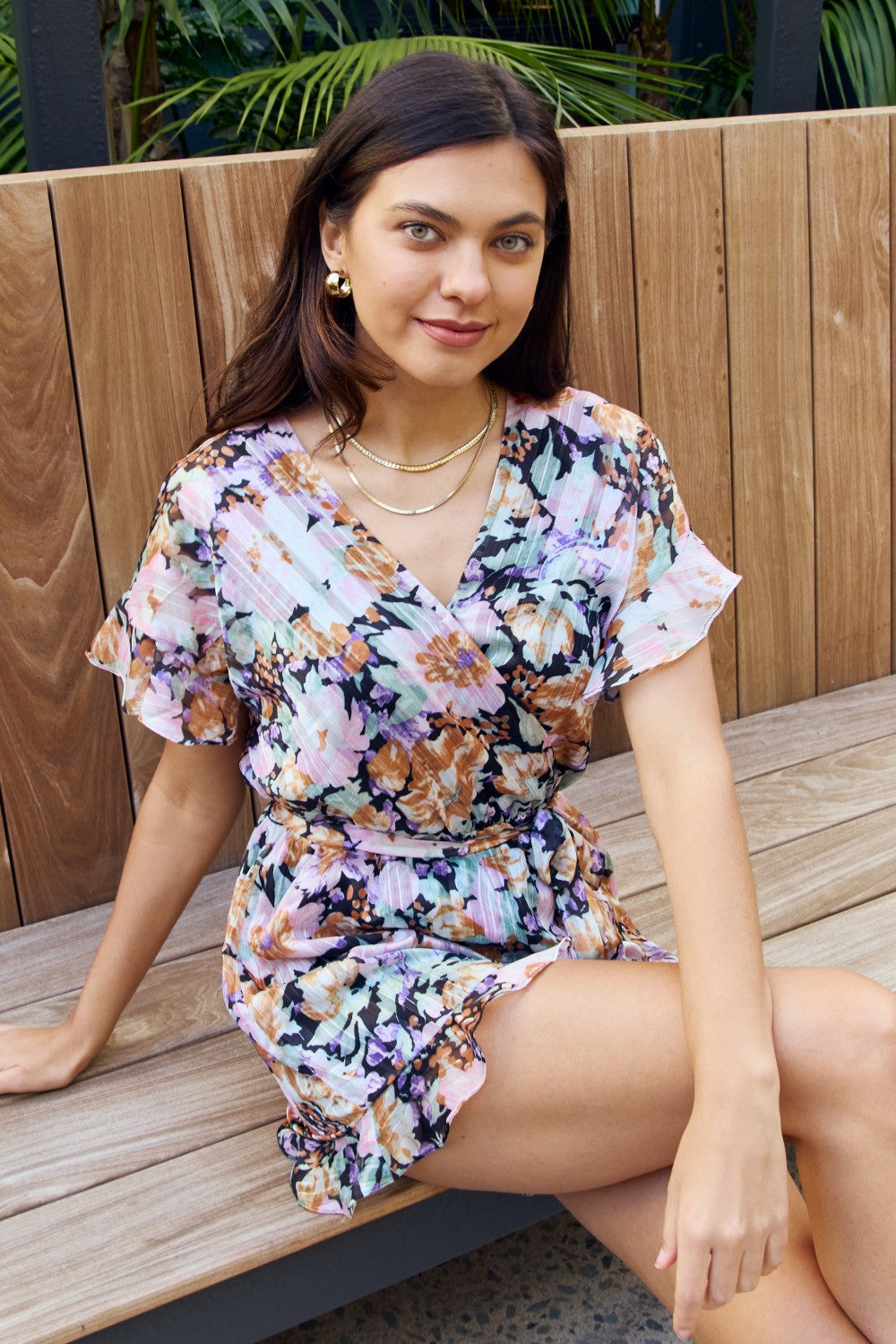 Clover Full Size Floral Tie Belt Ruffled Romper Small-3XL