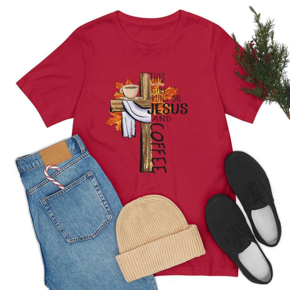 This Girl Runs on Jesus and Coffee Fall Unisex Jersey Short Sleeve Tee S-3XL