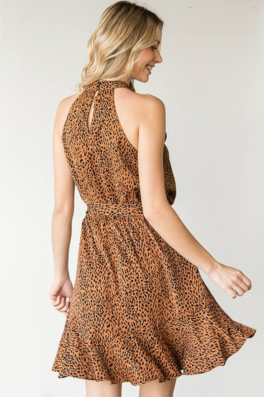 Leila Leopard Belted Sleeveless Halter Mini Dress Small-3X