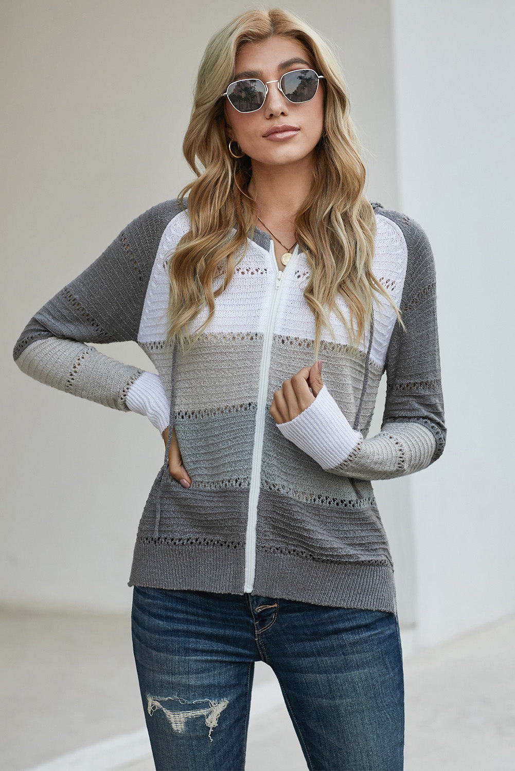Zip-Up Raglan Sleeve Openwork Hooded Cardigan S-2XL