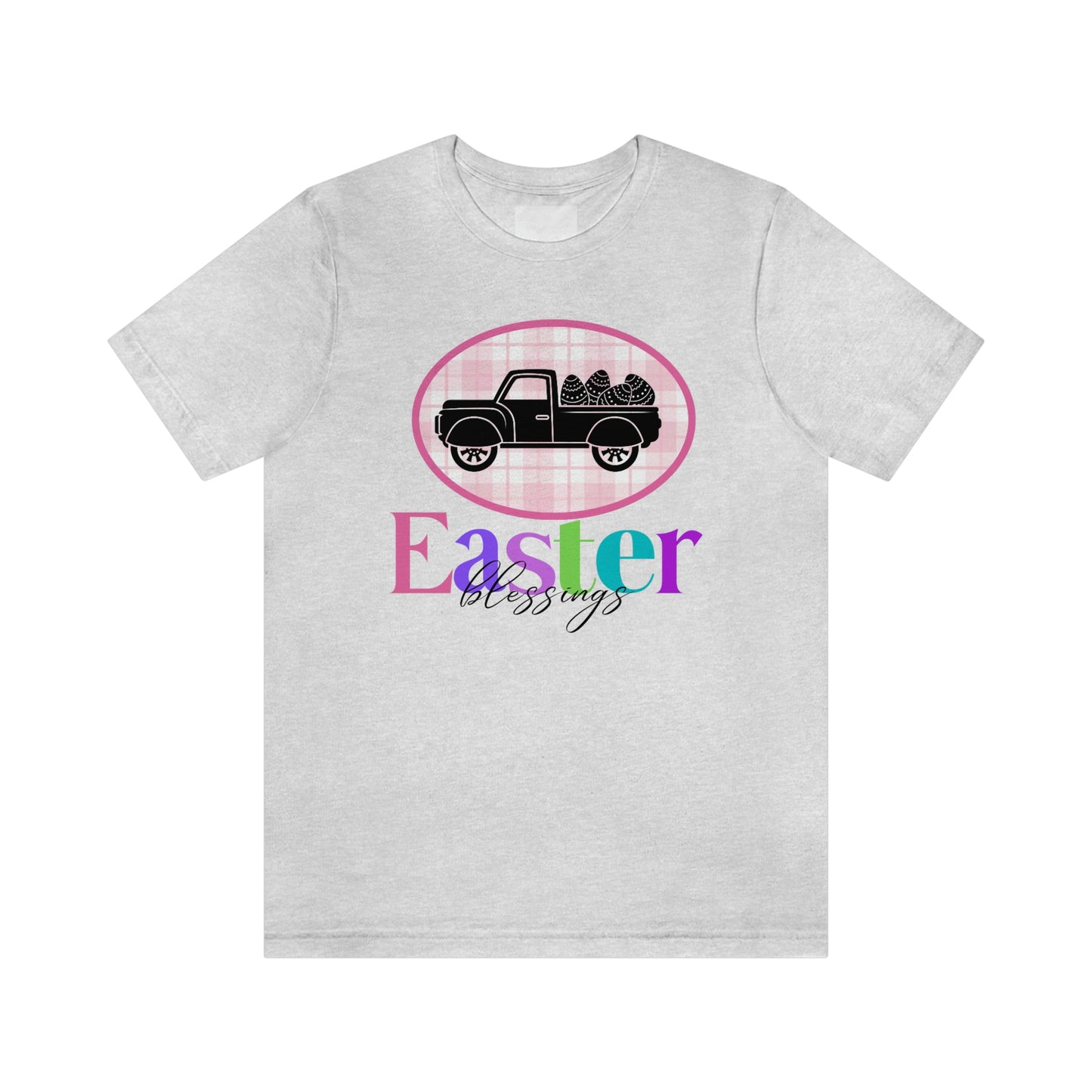 Easter Blessings Pickup Truck with Decorated Eggs Gingham Unisex Jersey Short Sleeve Tee Small-3XL
