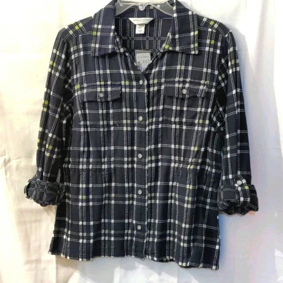 CHRISTOPHER & BANKS Navy Plaid Button Up Top Petite Med