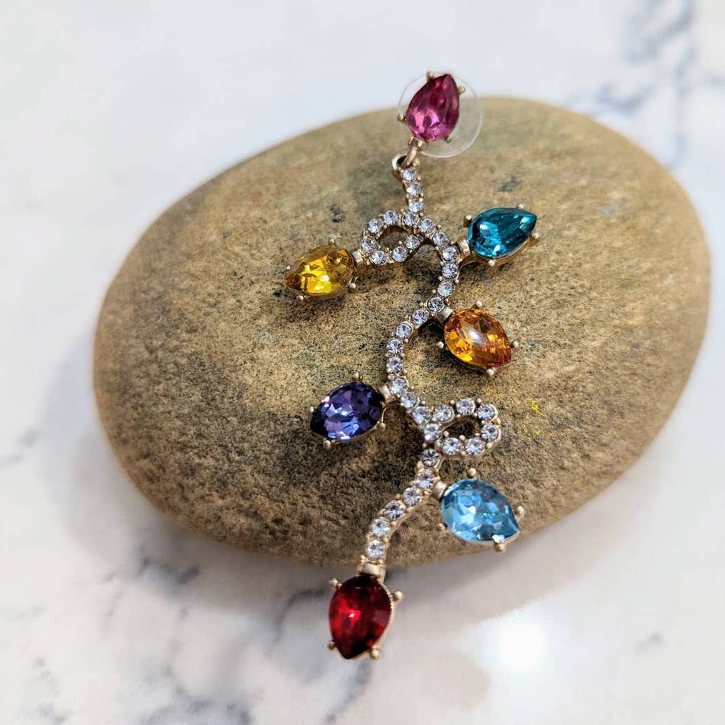 Holiday Lights Long Gold Dangle Post Earrings for Christmas