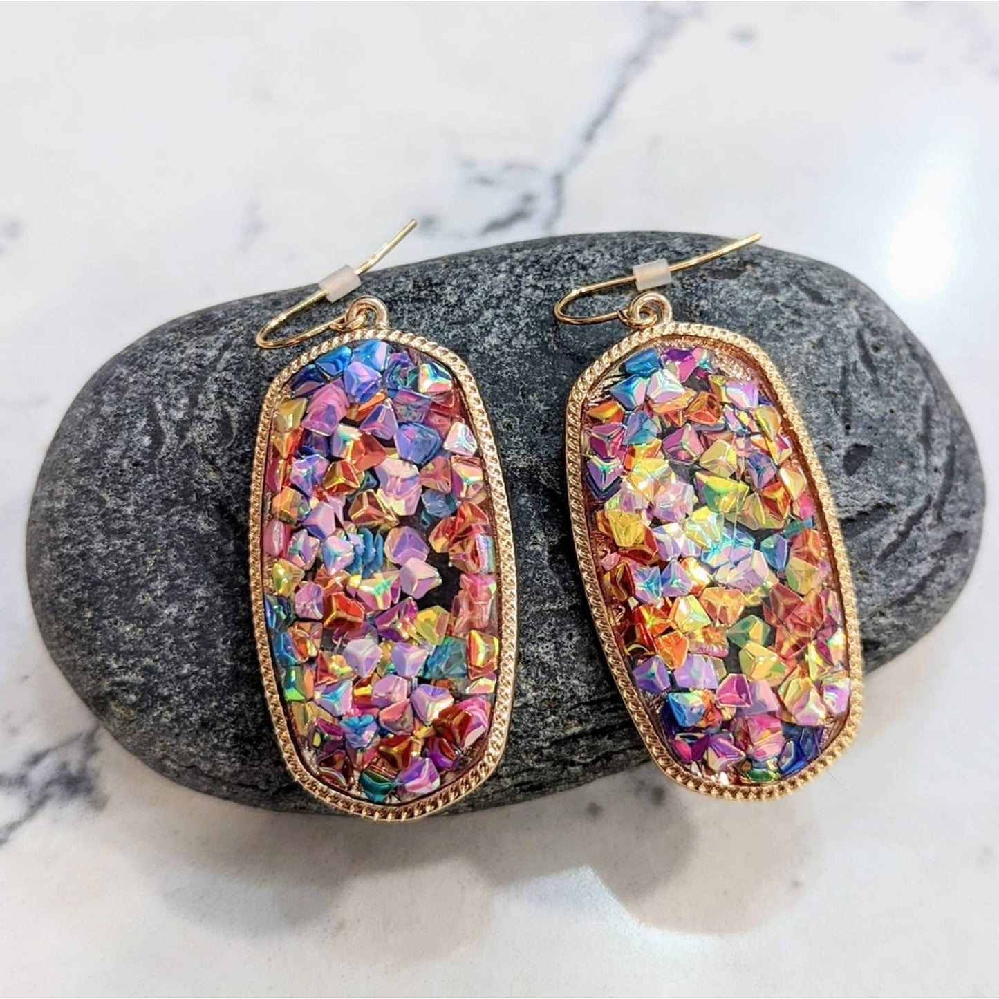 RAINBOW Gem Gold Rimmed Oval Resin Faceted Sparkle Hook Earrings