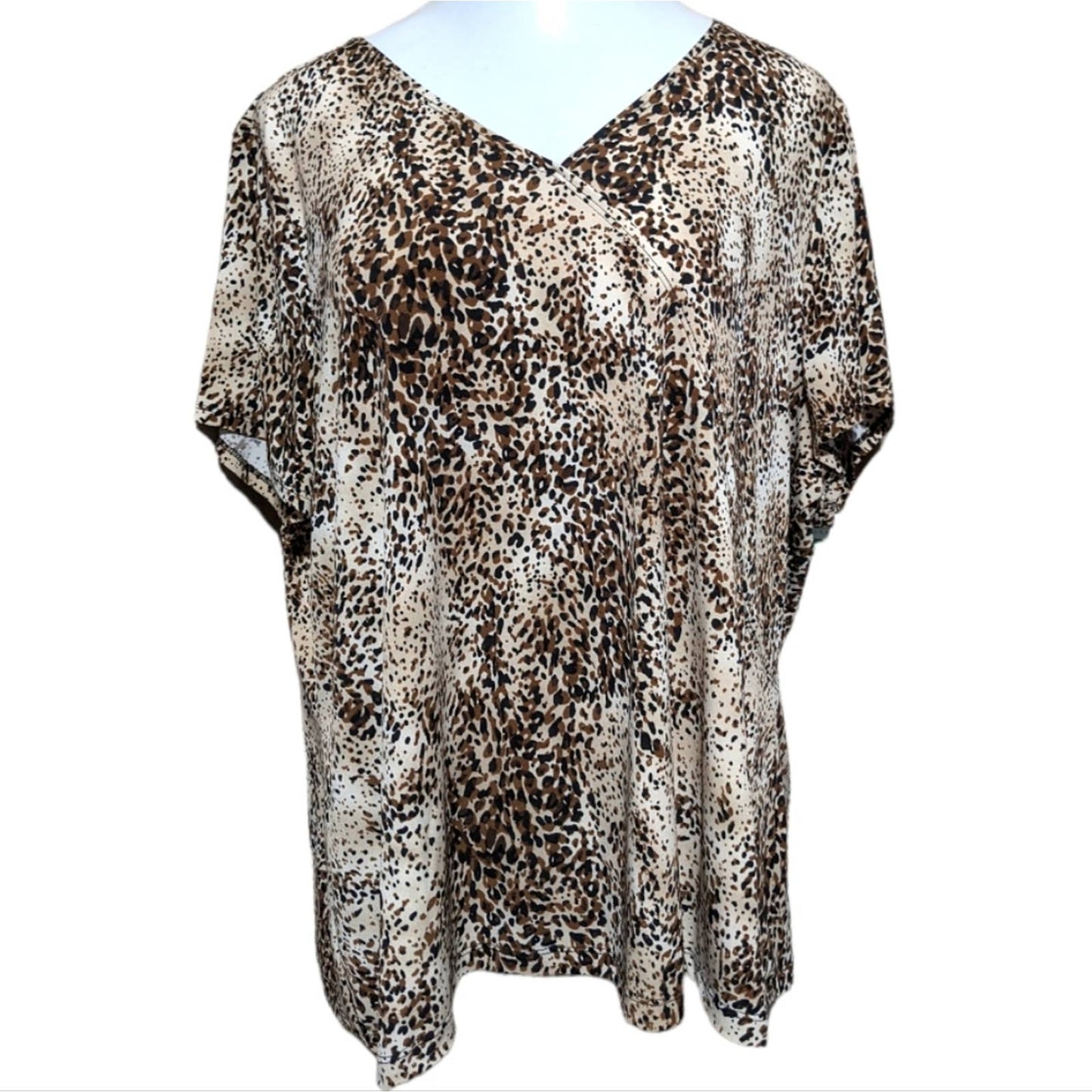 LAURA ASHLEY Tan Brown Leopard Cheetah Print Faux Wrap Career Top Plus 3X NEW