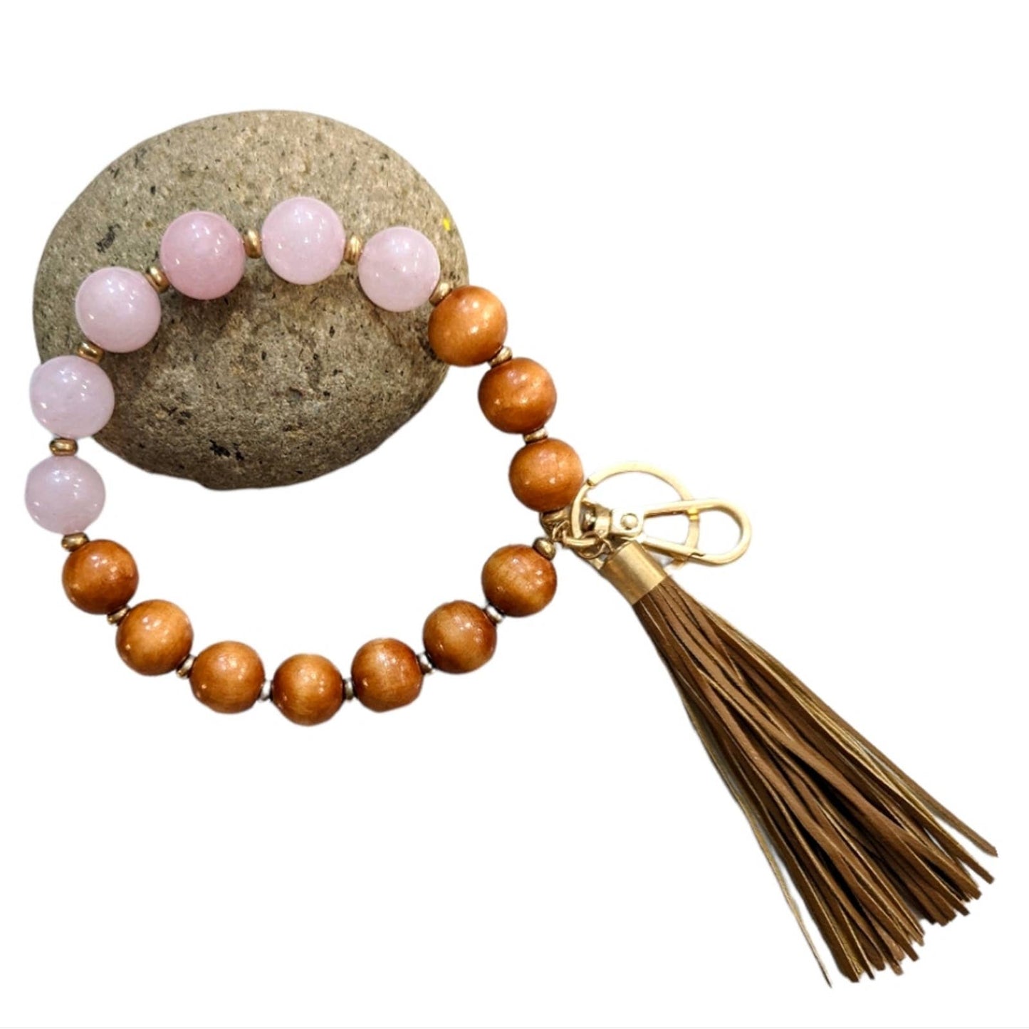 WOOD AND PINK STONE Gold Tone Bracelet Style Keychain with Tassel and Clip