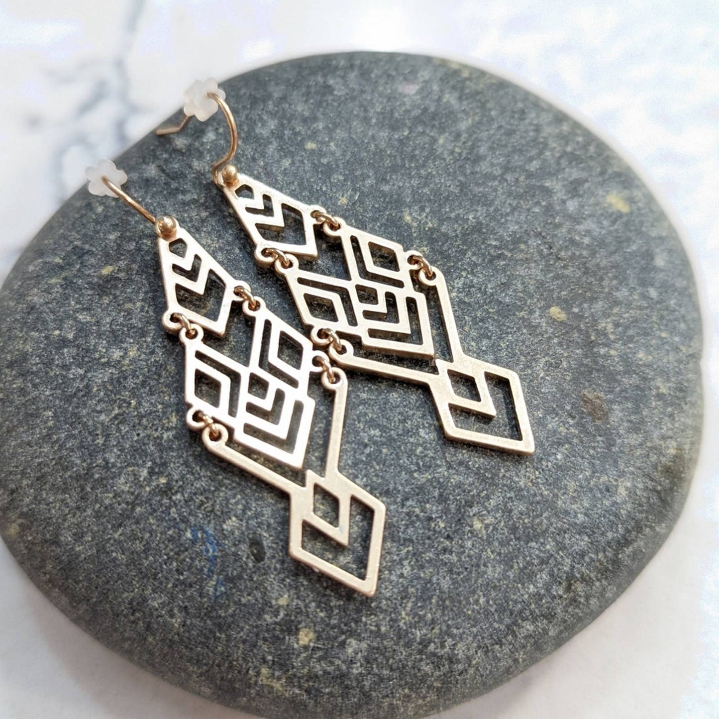 Aztec Geometric Gold Dangle Statement Hook Earrings